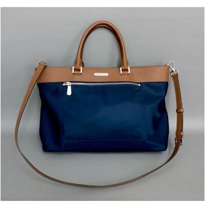 MICHAEL KORS Women`s Colgate MK Tote Bag Navy Blue Nylon Brown Leather Trim